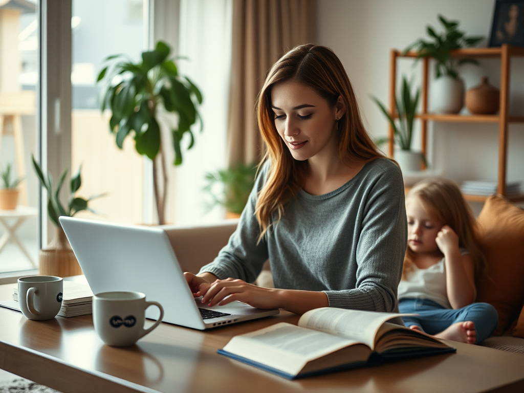 mamá trabajando online con su hija al lado